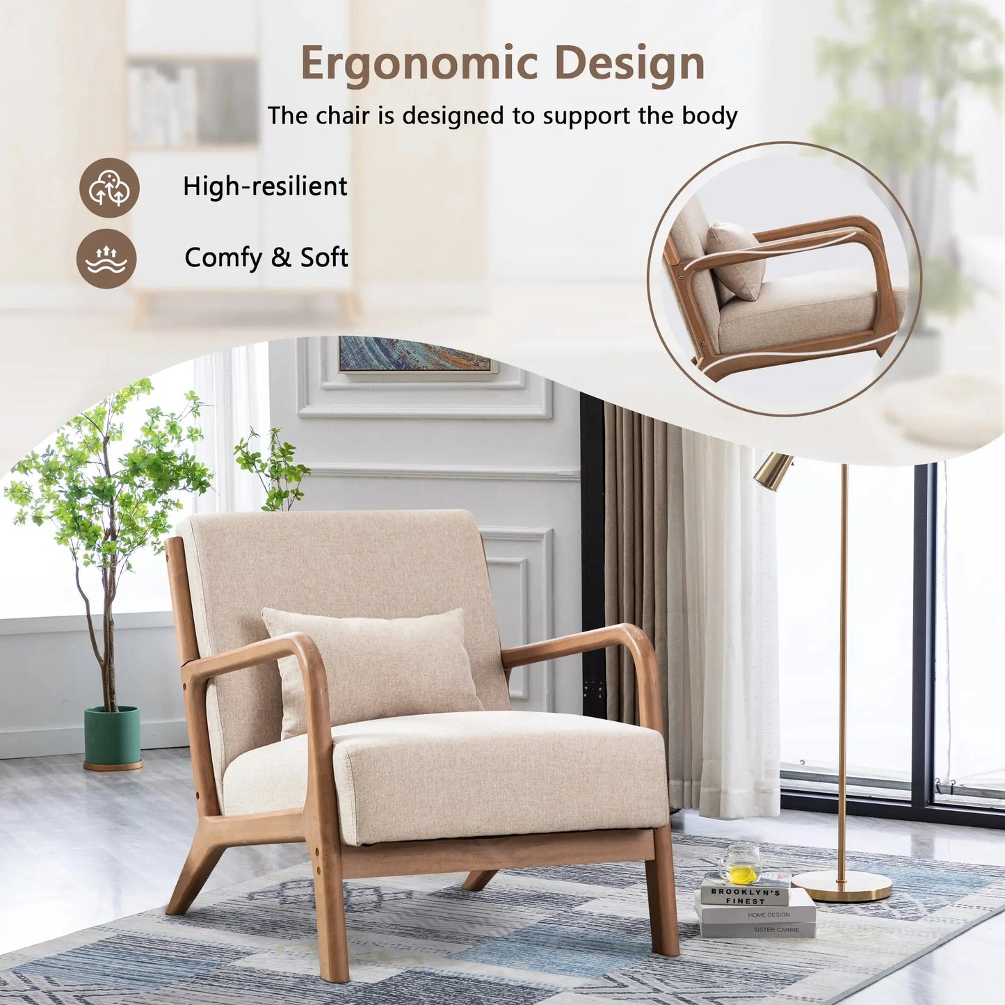 29*33*26 Inch Solid Color Solid Wood Living Room Chair 105° Backrest Non-Slip Casual Bedroom Chair With Pillow