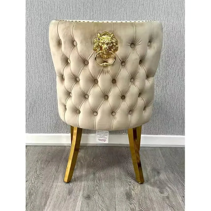 European Luxury Velvet Dining Chairs with Lion Knocker, Modern Button Tufted Design, Stainless Steel Legs  Set of 6