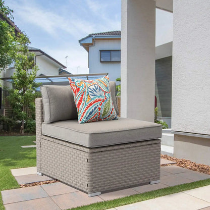 Outdoor Patio Furniture Wicker Armless Chair w Beige Cushion for Garden, Pool, Backyard