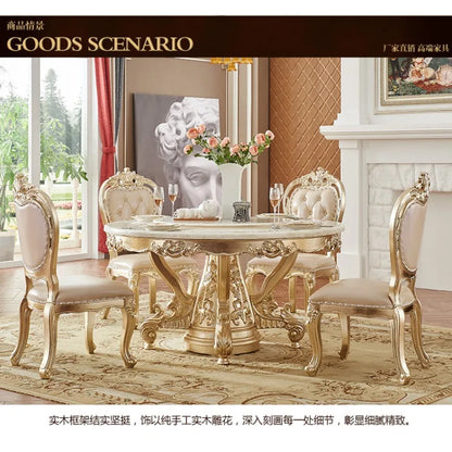 European white ice jade marble gold round dining table and chair combination European luxury solid wood dining table