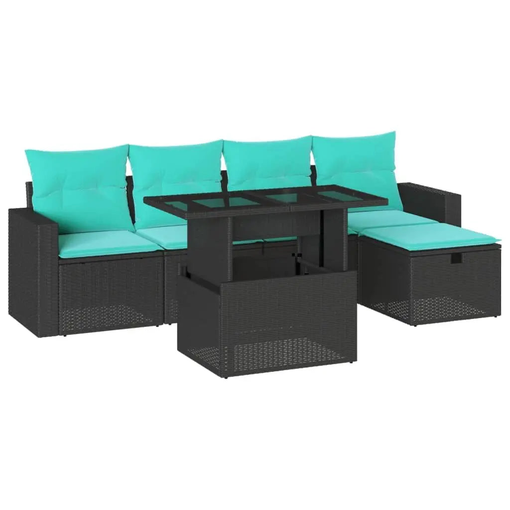 6 Piece Black Poly Rattan Patio Sofa Set with Cushions Outdoor Furniture