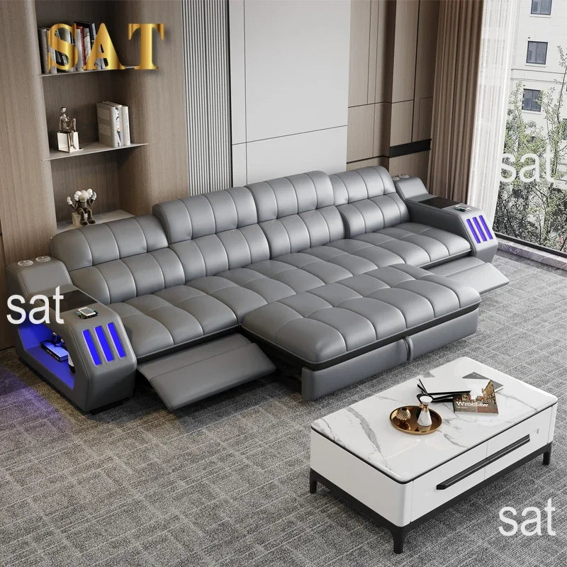 -Popular New Products Massage Function Furniture Living Room Sofa 3 Set Leather Sectional L-shaped Princess Side Table Bluetooth