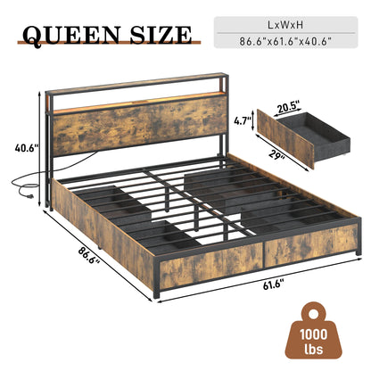LED Bed Frame Full/QueenKing Size with 2 USB Ports and Outlets, Platform Metal Bed Frame with 4 Storage Drawers and Headboard