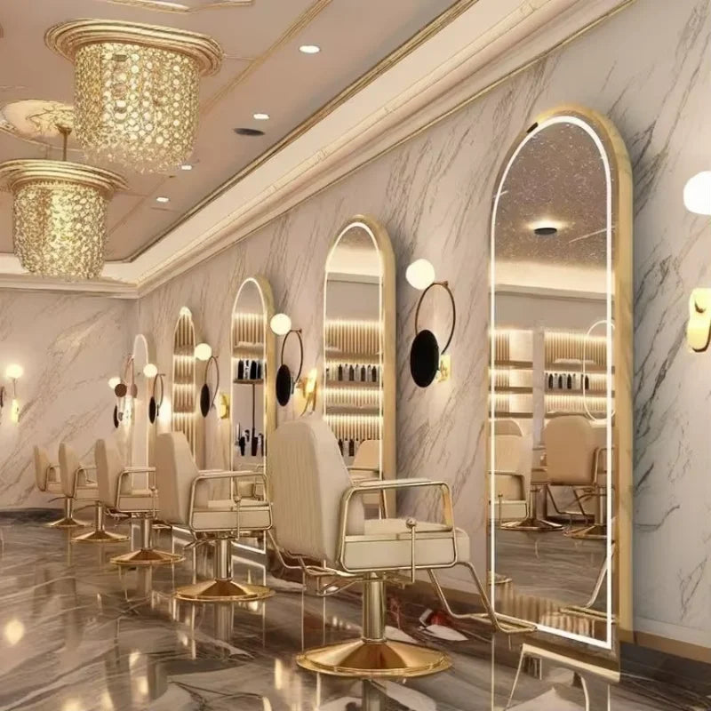 Luxury Gold Frame Barber Station LED Big Best Selling Table Cabinet Salon Mirror with Chair