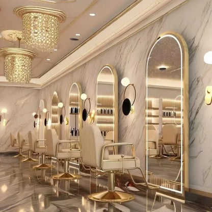 Luxury Gold Frame Barber Station LED Big Best Selling Table Cabinet Salon Mirror with Chair