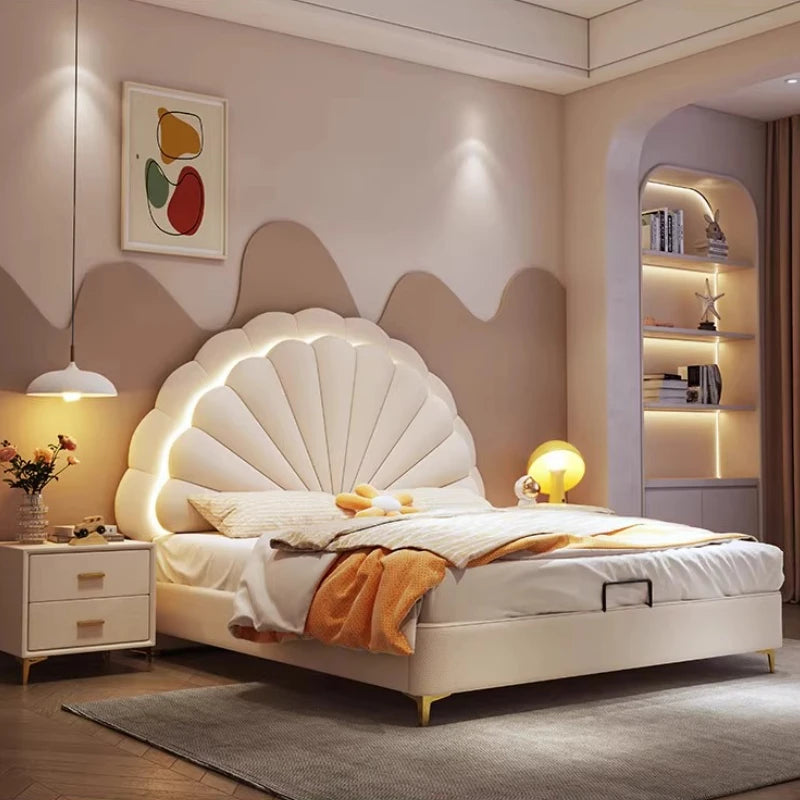 cheap Luxury Leather Princess Petal Bed with LED Lights queen bed frames 120x200cm 135x200cm 150x200cm 180x200cm Beds Furniture