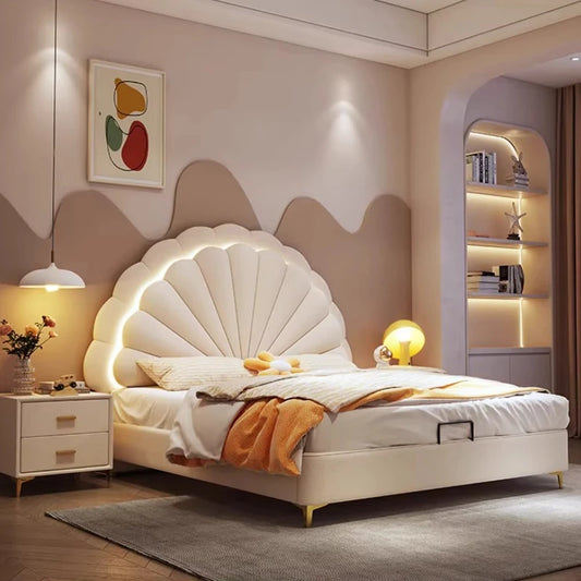 cheap Luxury Leather Princess Petal Bed with LED Lights queen bed frames 120x200cm 135x200cm 150x200cm 180x200cm Beds Furniture