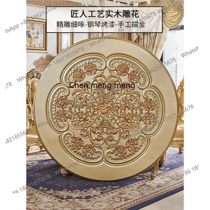 A07 European dining table and chair combination glass surface classical luxury solid wood carving flower round table with turnta