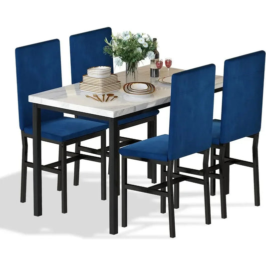 # Hot Sales Dining Table Set For 4- Space And Chairs For 4 Modern Style Faux Marble Tabletop & 4 Blue Velvet Chairs For Dining R