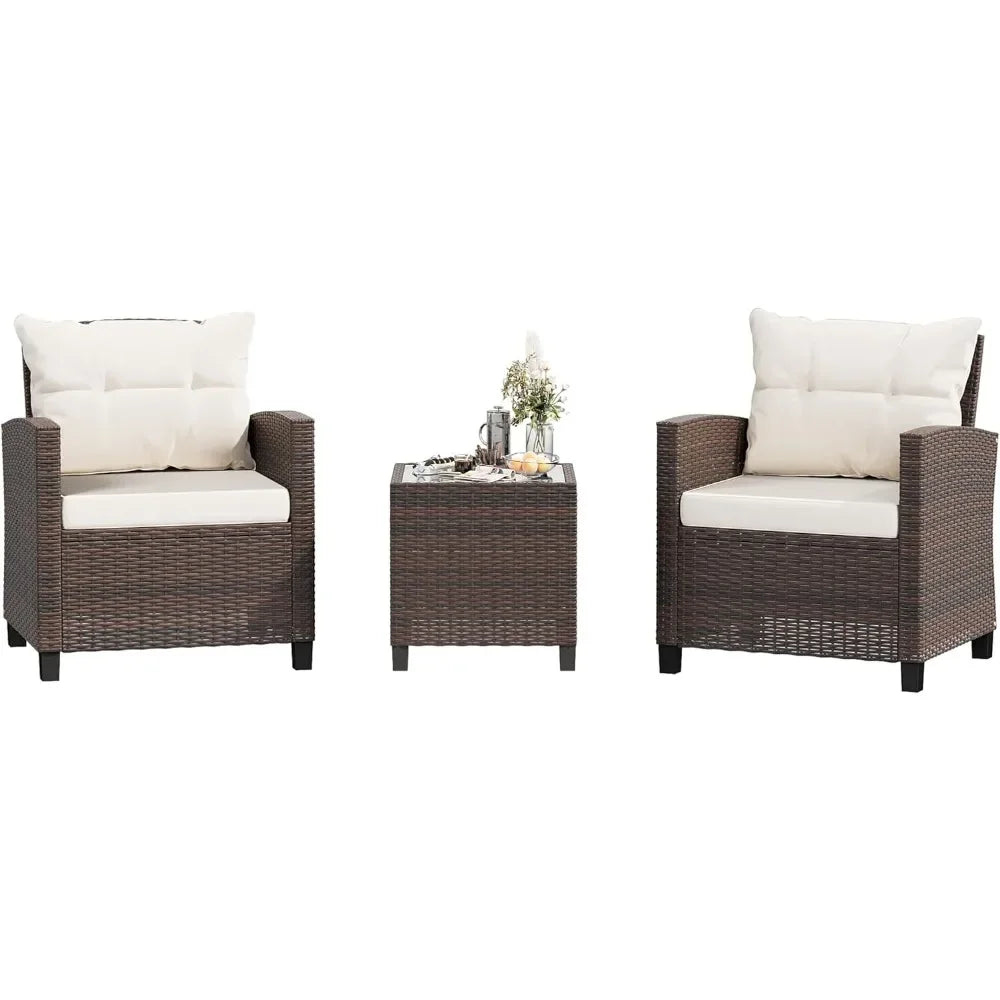 3 Pieces Patio Furniture Set 3 Pieces PE Rattan Wicker Chairs with Table Outdoor Furniture Brown Rattan with White Cushion