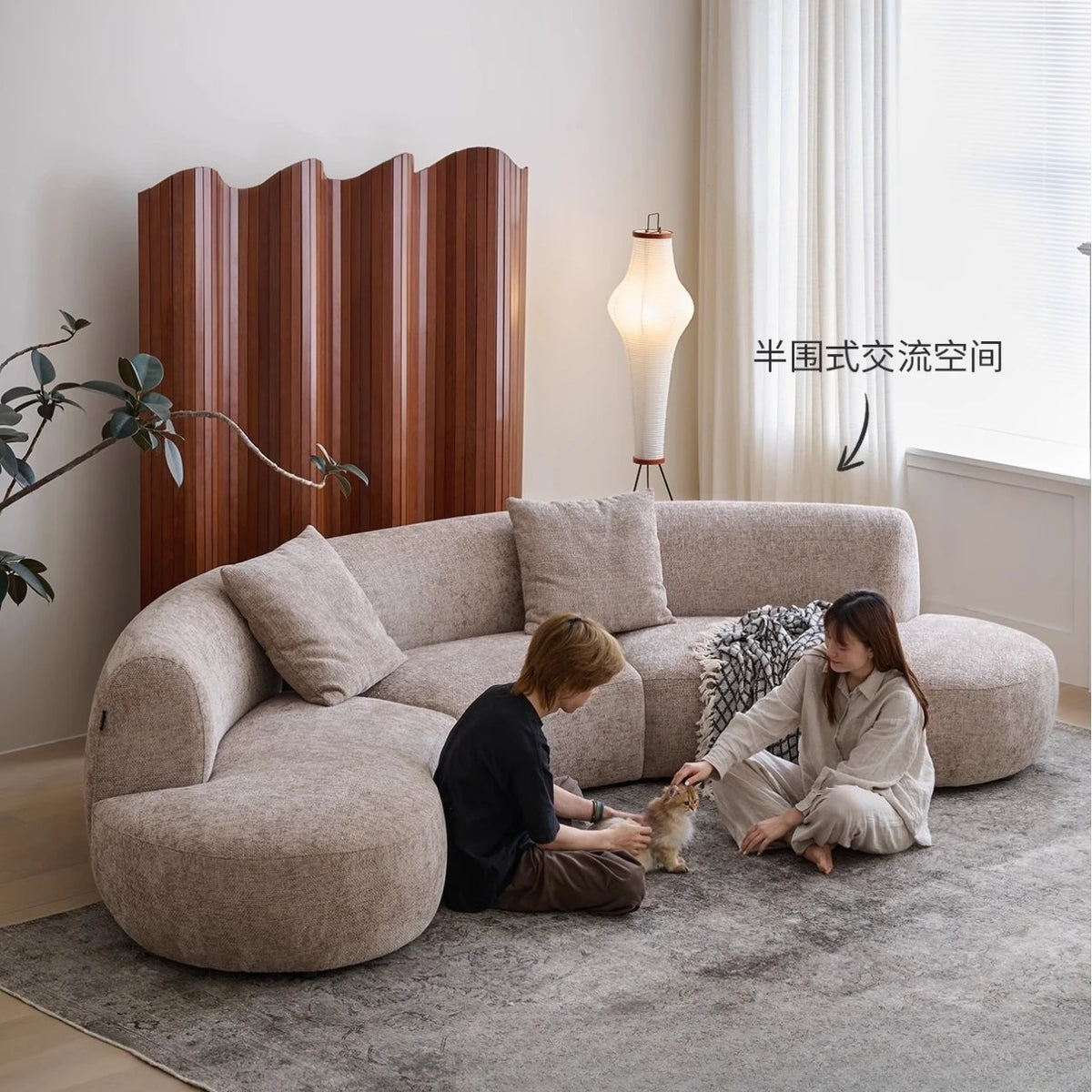 Medieval wabi-sabi fabric sofa, living room curved villa sofa bed