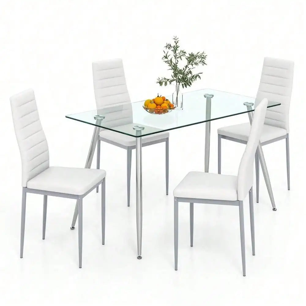 5 PCS 51'' Rectangle Dining Set 0.3'' Thick Glass Table w/ 4 Padded Dining