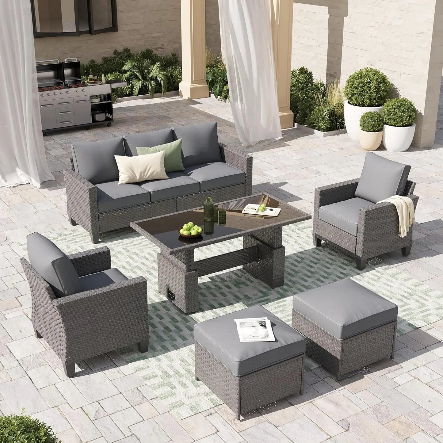 6pcs Grey PE Rattan Outdoor Sectional Sofa Set Lift Table Dining Ottoman Weatherproof Garden Backyard Poolside Customized