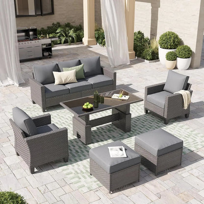 6pcs Grey PE Rattan Outdoor Sectional Sofa Set Lift Table Dining Ottoman Weatherproof Garden Backyard Poolside Customized
