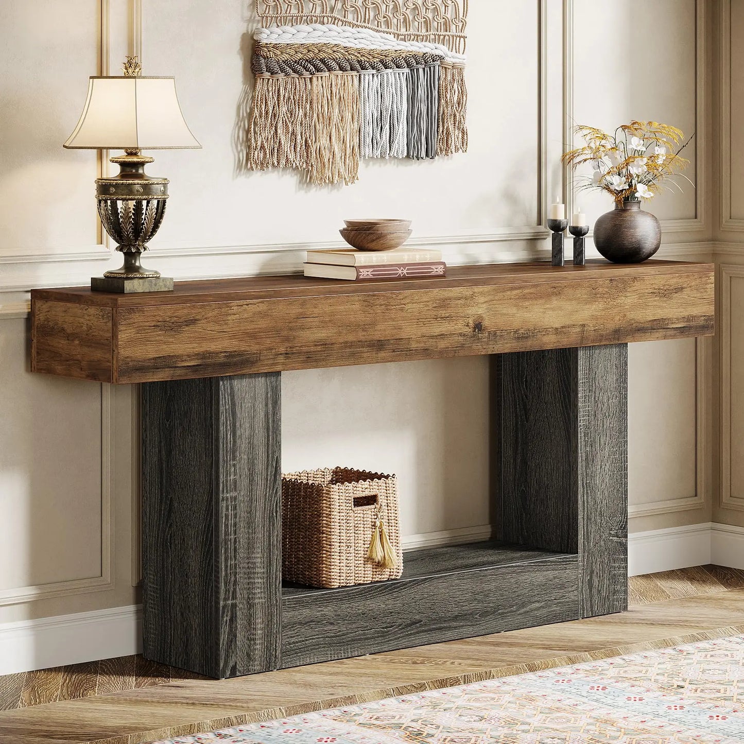 Rustic 2-Tier 63 Console Table with Storage for Entryway, Living Room, and Hallway in Brown & Gray