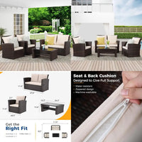 brown wicker outdoor patio furniture set with 4 pieces, conversation area for deck or porch, includes cushioned rattan sofa chai