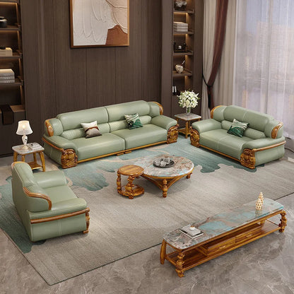 European ebony leather sofa large apartment luxury villa home living room new Chinese furniture solid wood carved fish