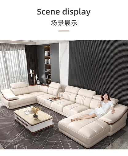 Simple modern leather sofa first layer cowhide living room large corner full set of light luxury leather sofa combination