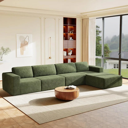 97" L-Shape Modular Sofa, 3-Seat Corduroy Couch with Movable Ottoman, Sectional Sofa for Living Room, Green, Customized