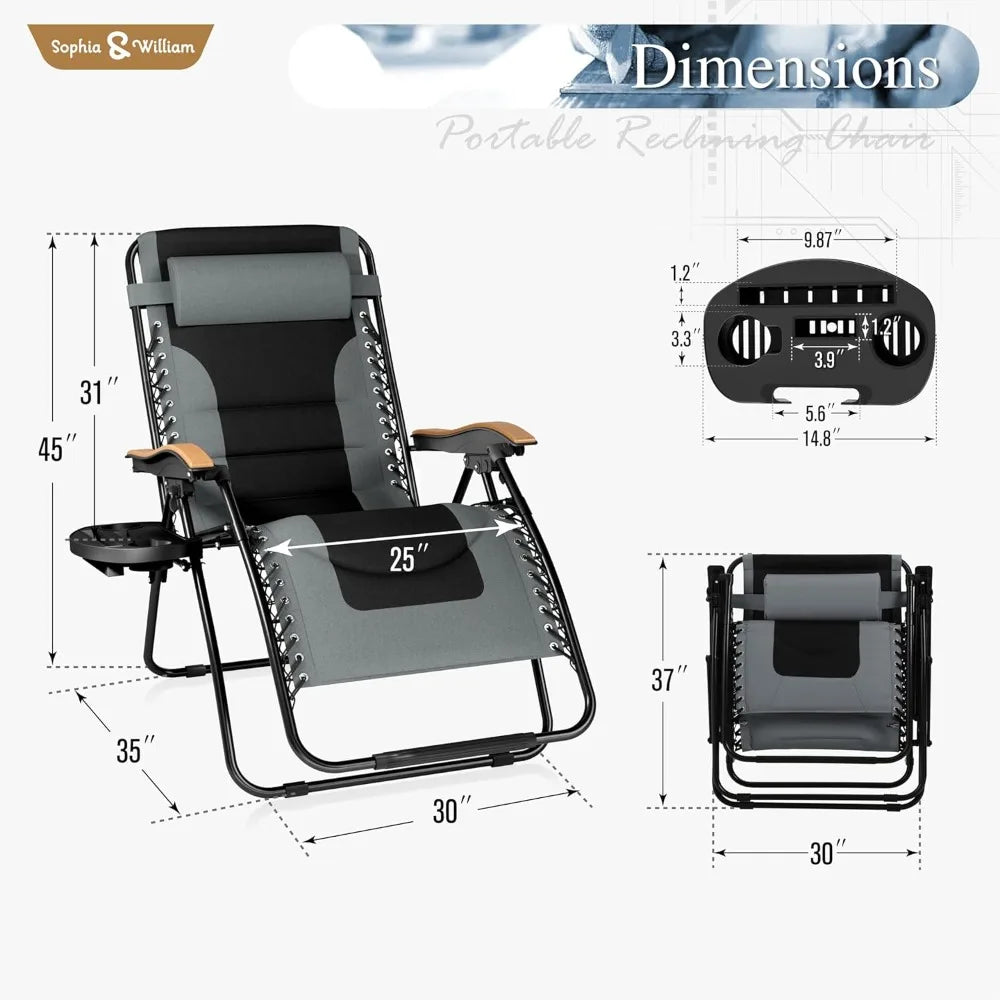 Sophia & William Oversize Zero Gravity Chair, Padded Recliner with Free Cup Holder, Supports 400 LBS (Grey)
