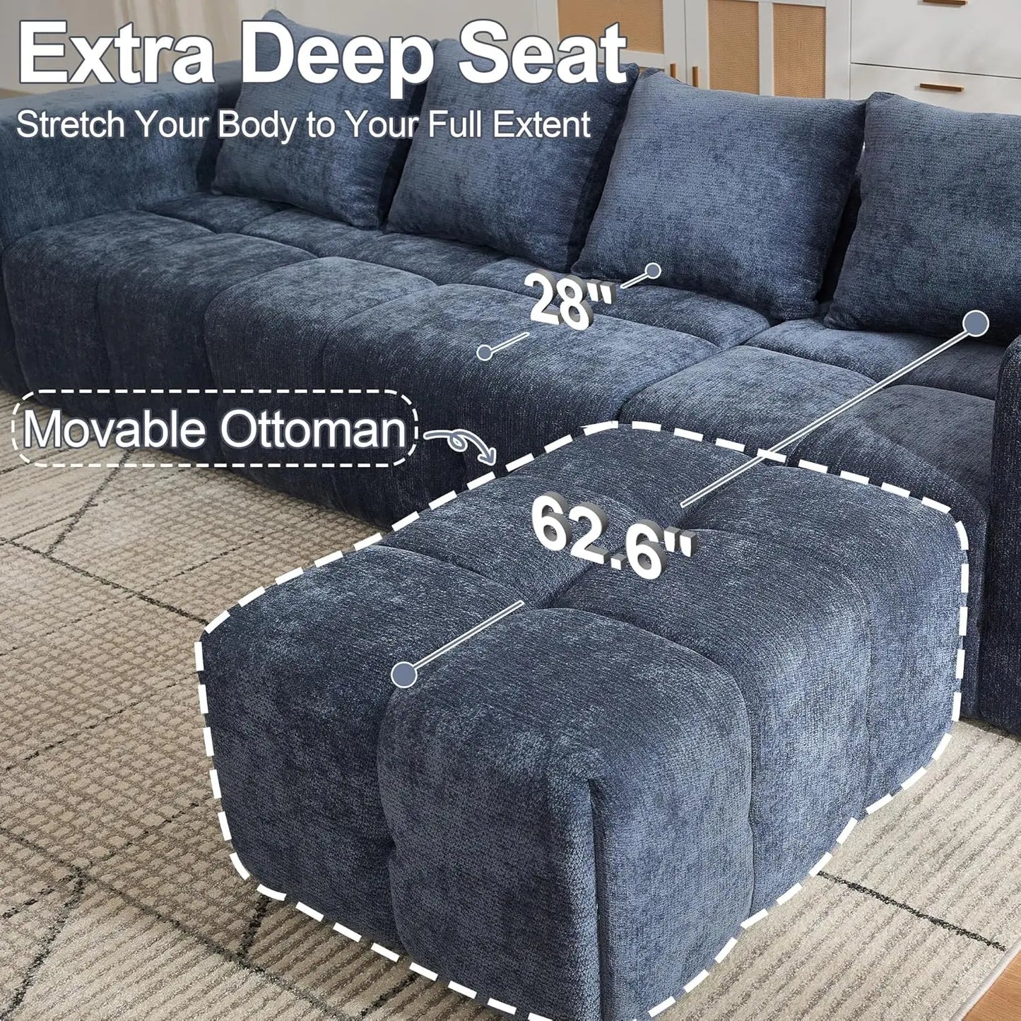 119"Boneless Couch, Cloud Sectional Couch with Deep Seat,High-Density Memory Foam and Chaise,Sectional L Shaped Sofa-Customized