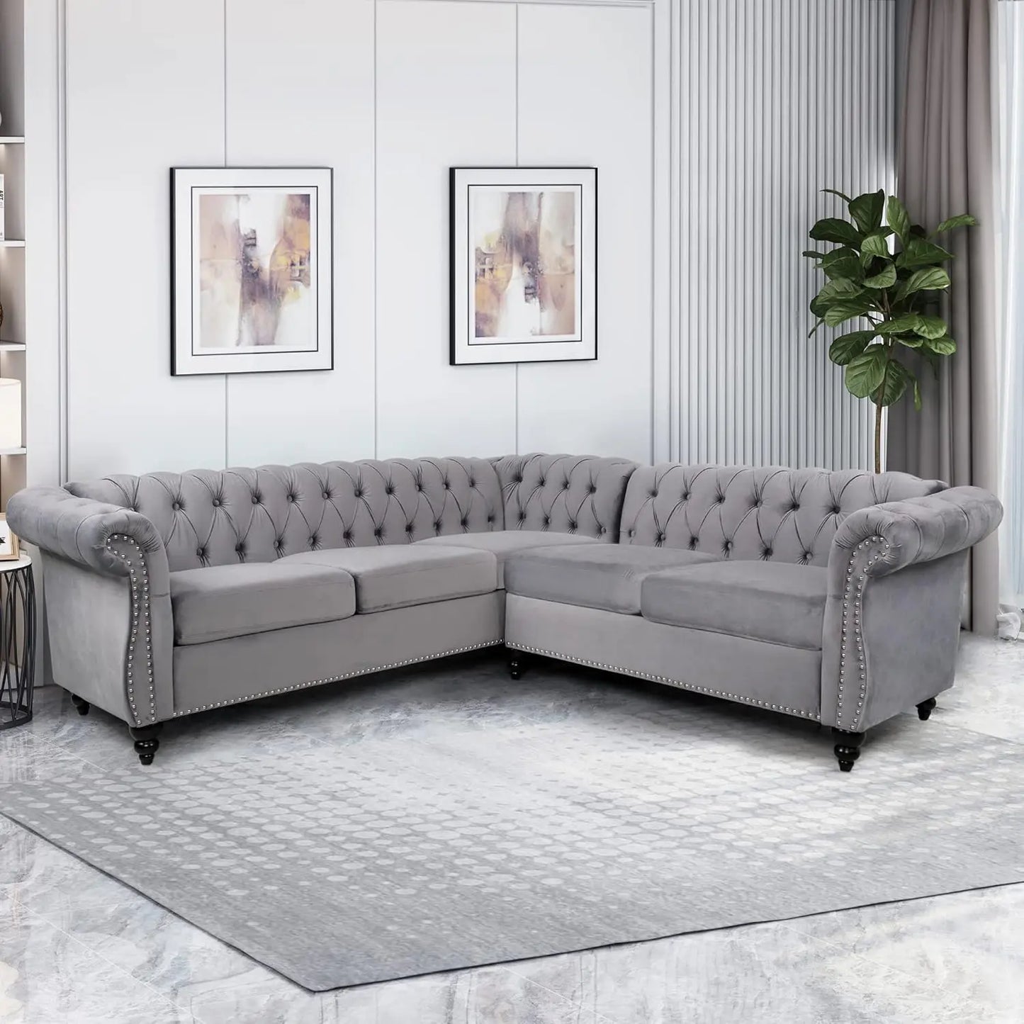 L-Shaped Sofa, Sectional Chesterfield Couch 5-Seater Velvet Upholstered Small Accent Tufted Sofa with Rolled, Customized