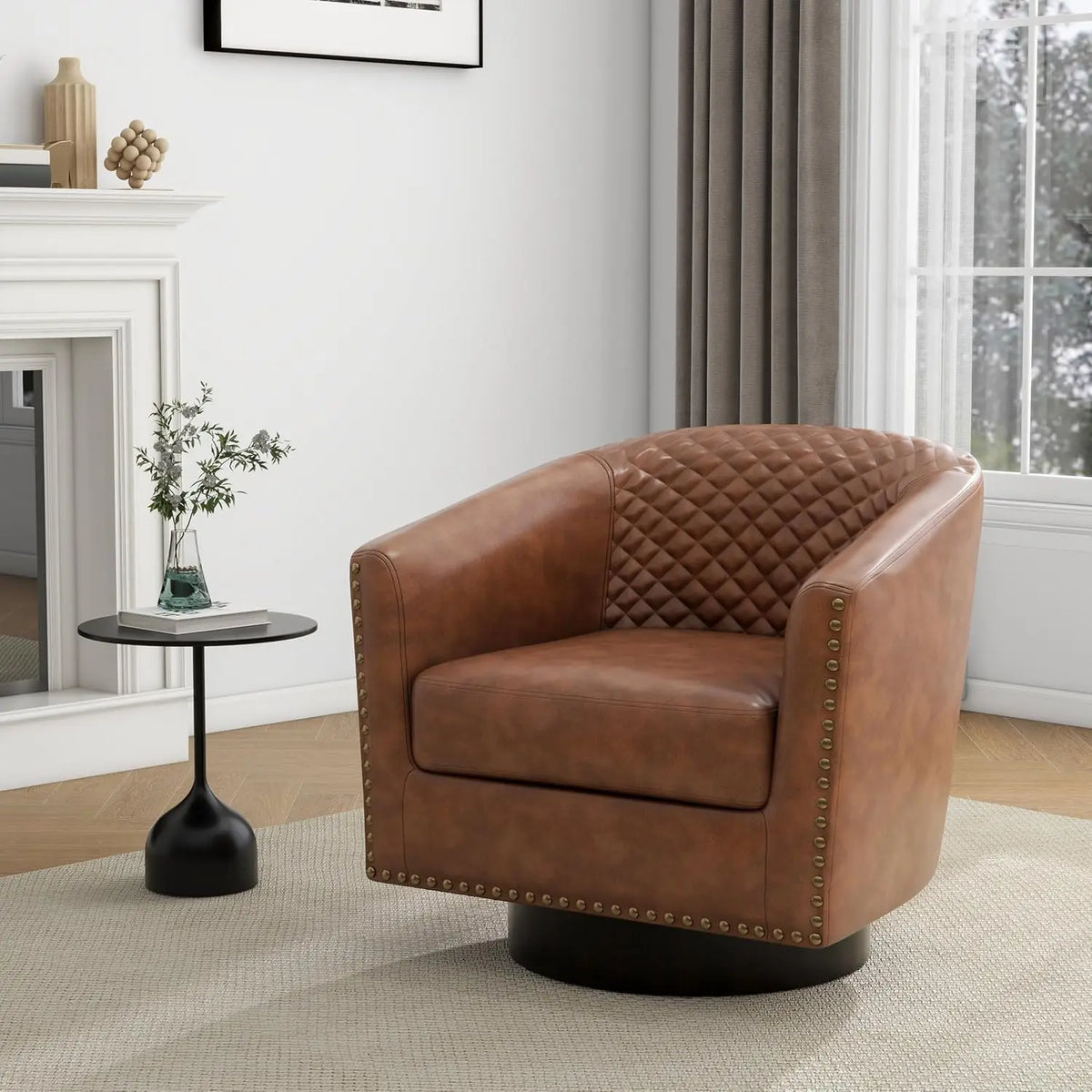 Faux Leather Swivel Barrel Accent Chairs Set of 2, Upholstered Armchair Club Chair for Living Room, Round Comfy Single Sofa Bedr