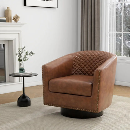 Faux Leather Swivel Barrel Accent Chairs Set of 2, Upholstered Armchair Club Chair for Living Room, Round Comfy Single Sofa Bedr