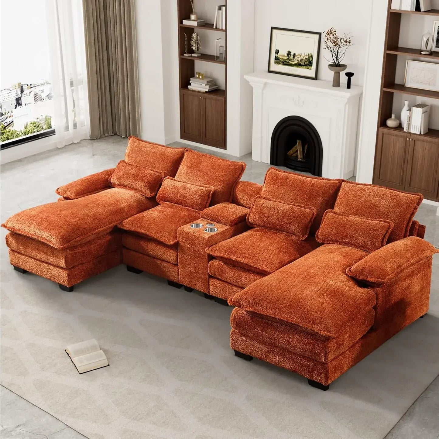 Sectional Sofa Cloud Couch for Living Room, 123" Modern Fluffy Chenille U Shaped Couch, with Storage Console & Cup Holders