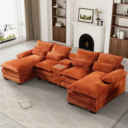 Sectional Sofa Cloud Couch for Living Room, 123" Modern Fluffy Chenille U Shaped Couch, with Storage Console & Cup Holders