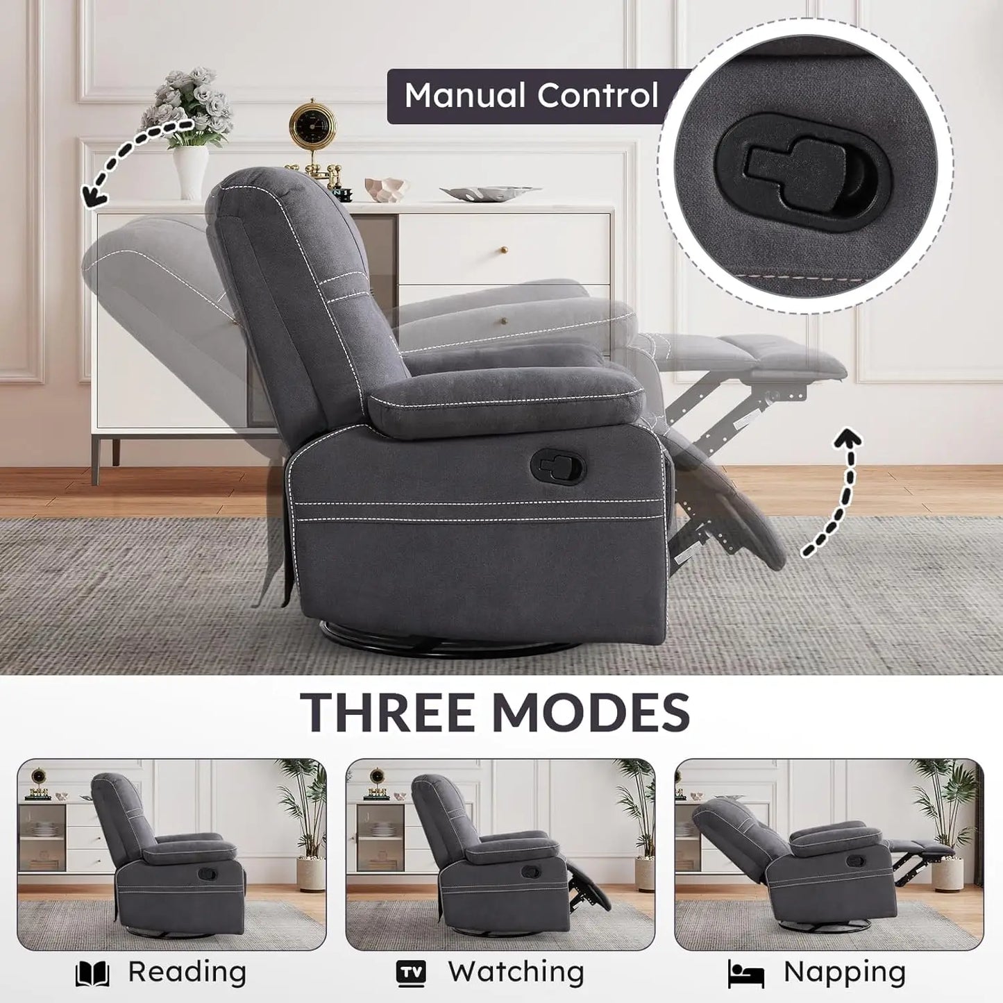 360° Swivel Rocker Recliner Chair For Adults, Manual RockingRecliner Chair With Overstuffed Backrest And Armrests,, Customized