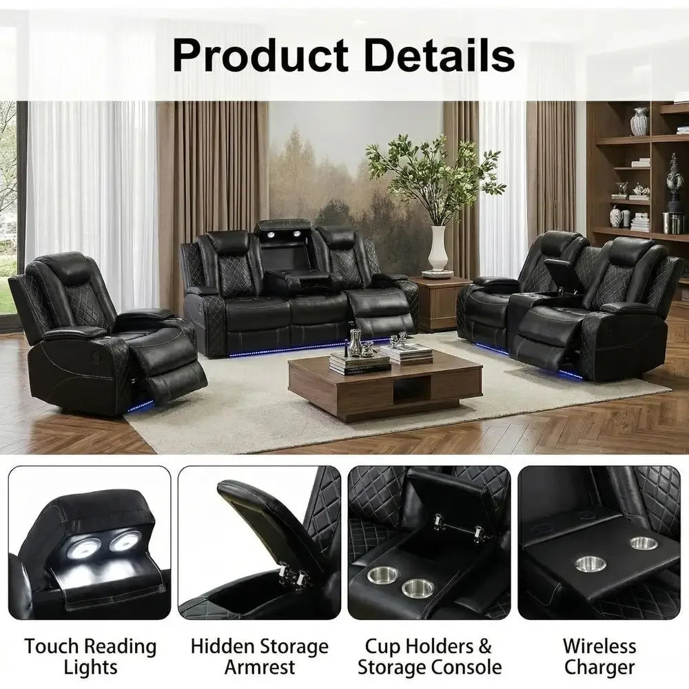3-Piece Power Reclining Sectional Sofa with LED Lights, Air Leather Recliner with USB Port and Storage, Black Living Room Furnit