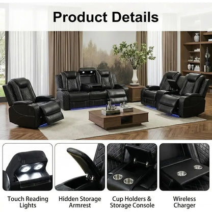3-Piece Power Reclining Sectional Sofa with LED Lights, Air Leather Recliner with USB Port and Storage, Black Living Room Furnit