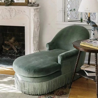 Tassel velvet solid wood fabric living room princess reclining chair retro haze blue creative sofa single chair