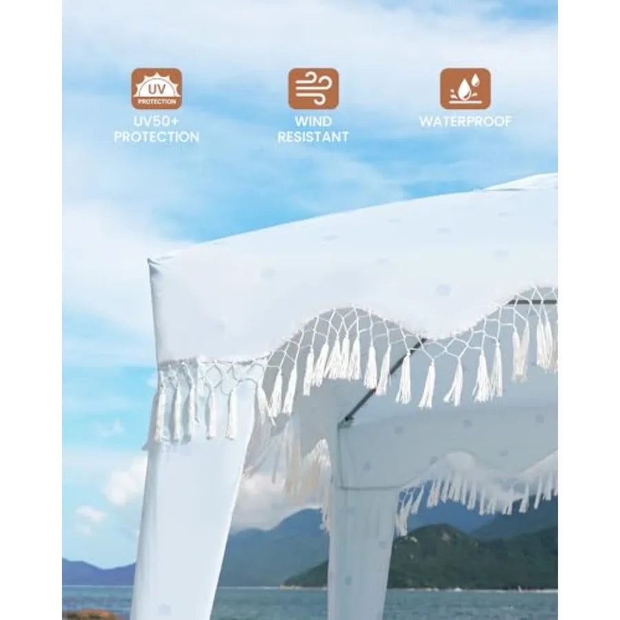Beach Cabana with Fringes Portable 6' x 6' Beach Canopy for Sand Easy Set Up Beach Shelter Included Side Wall UPF 50+ UV Protec