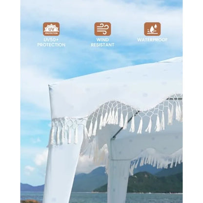 Beach Cabana with Fringes Portable 6' x 6' Beach Canopy for Sand Easy Set Up Beach Shelter Included Side Wall UPF 50+ UV Protec