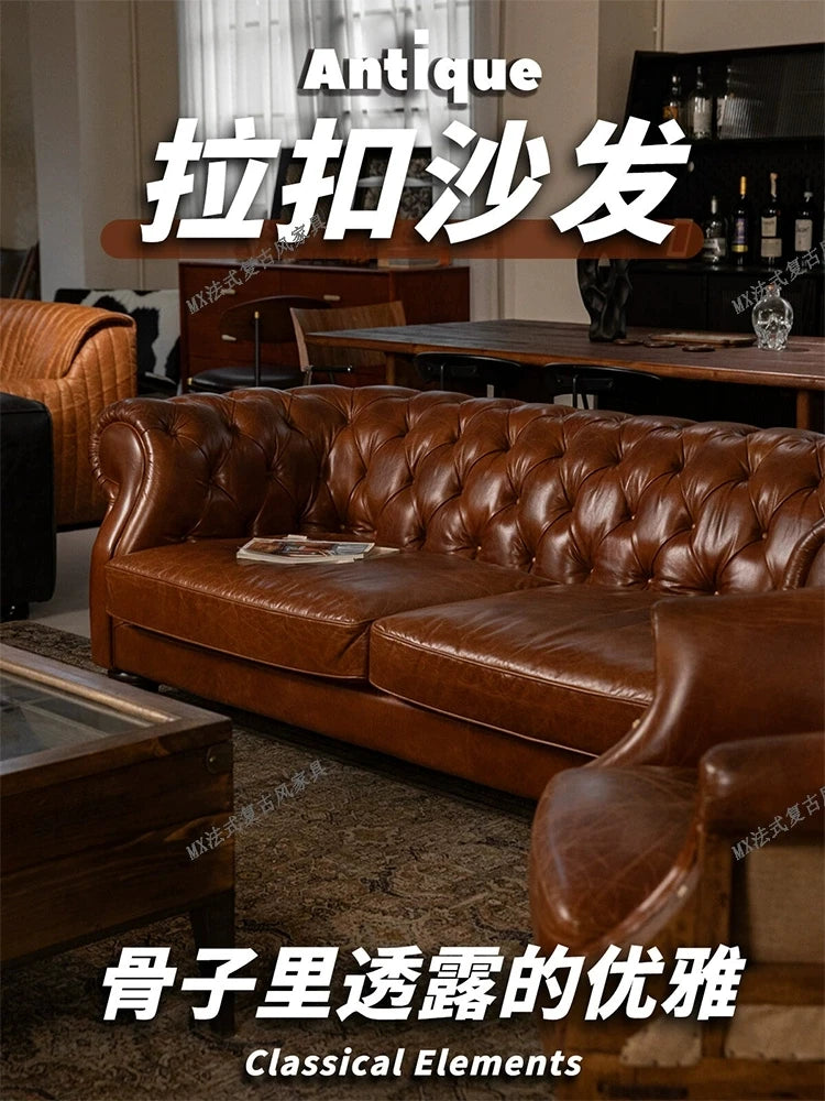 French vintage style button-tufted sofa, classic American cigar bar Burton sofa, mid-century whiskey straight-line sofa