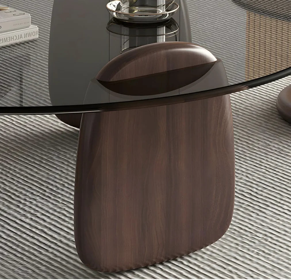 Glass Round Coffee Table Nesting Table Set of 2, Rustic Low Coffee Table Modern Center Table with Wood Base, Brown Glass Accent