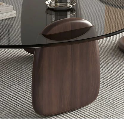 Glass Round Coffee Table Nesting Table Set of 2, Rustic Low Coffee Table Modern Center Table with Wood Base, Brown Glass Accent