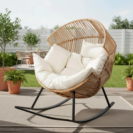 PE Rattan Egg Rocking Chair with Cushion, Oversized Patio Lounge for Outdoor Indoor Garden Balcony Beige