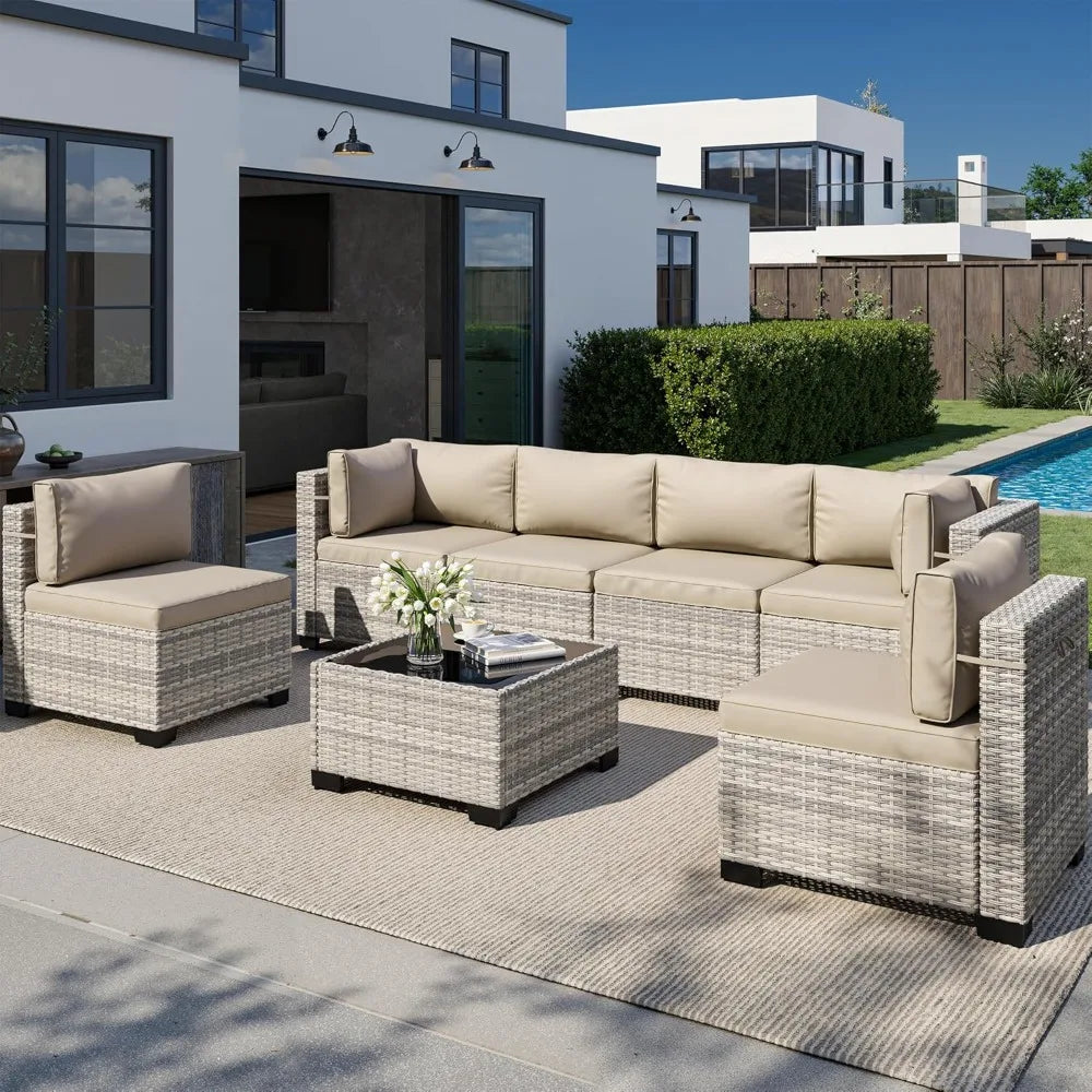 Outdoor Patio Furniture Set: 7-Piece PE Wicker Rattan Sectional Sofa with Tempered Glass Table and Plush Cushions