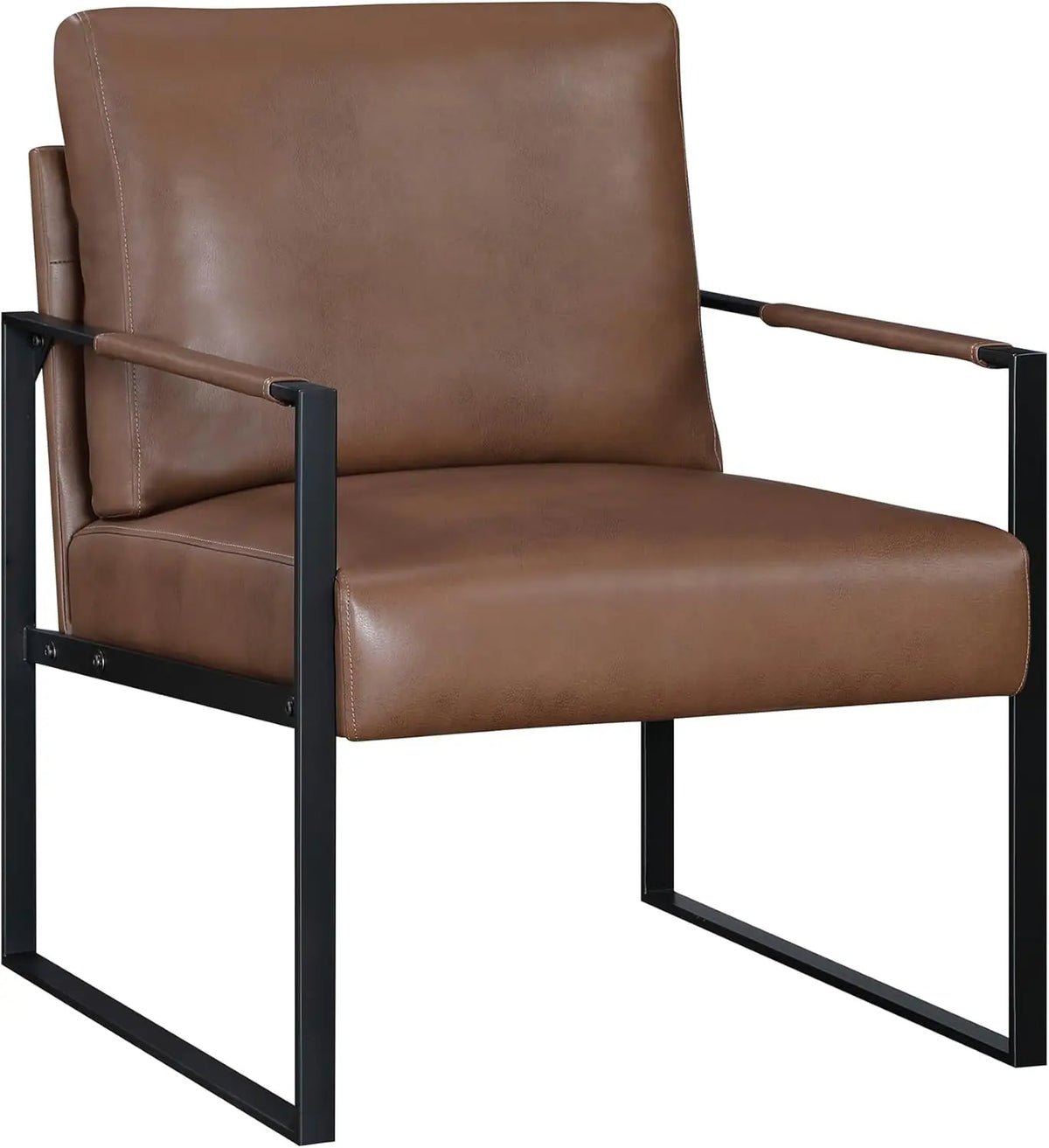 Modern Accent Chair, Faux Leather Upholstered Living Room Chair with Wrapped Armrests, Arm Chair with Black Metal Frame,