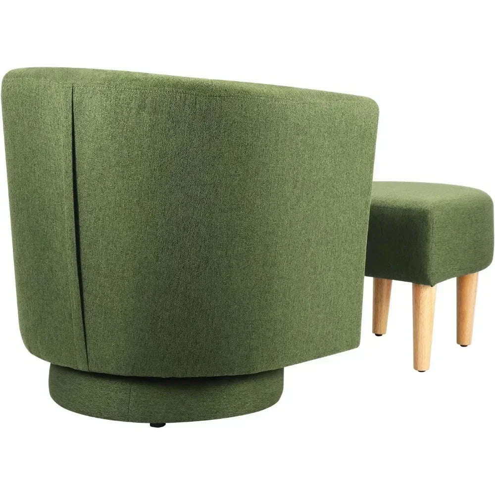 Chair Set of 2, Modern Swivel Chair with Ottoman, Comfy Armchair, Barrel Round Sofa Chair for Bedroom, Green