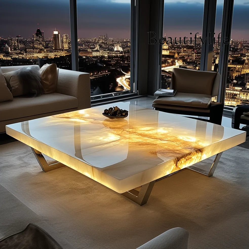 French square luminous jade luxury stone coffee table advanced modern natural marble living room minimalist