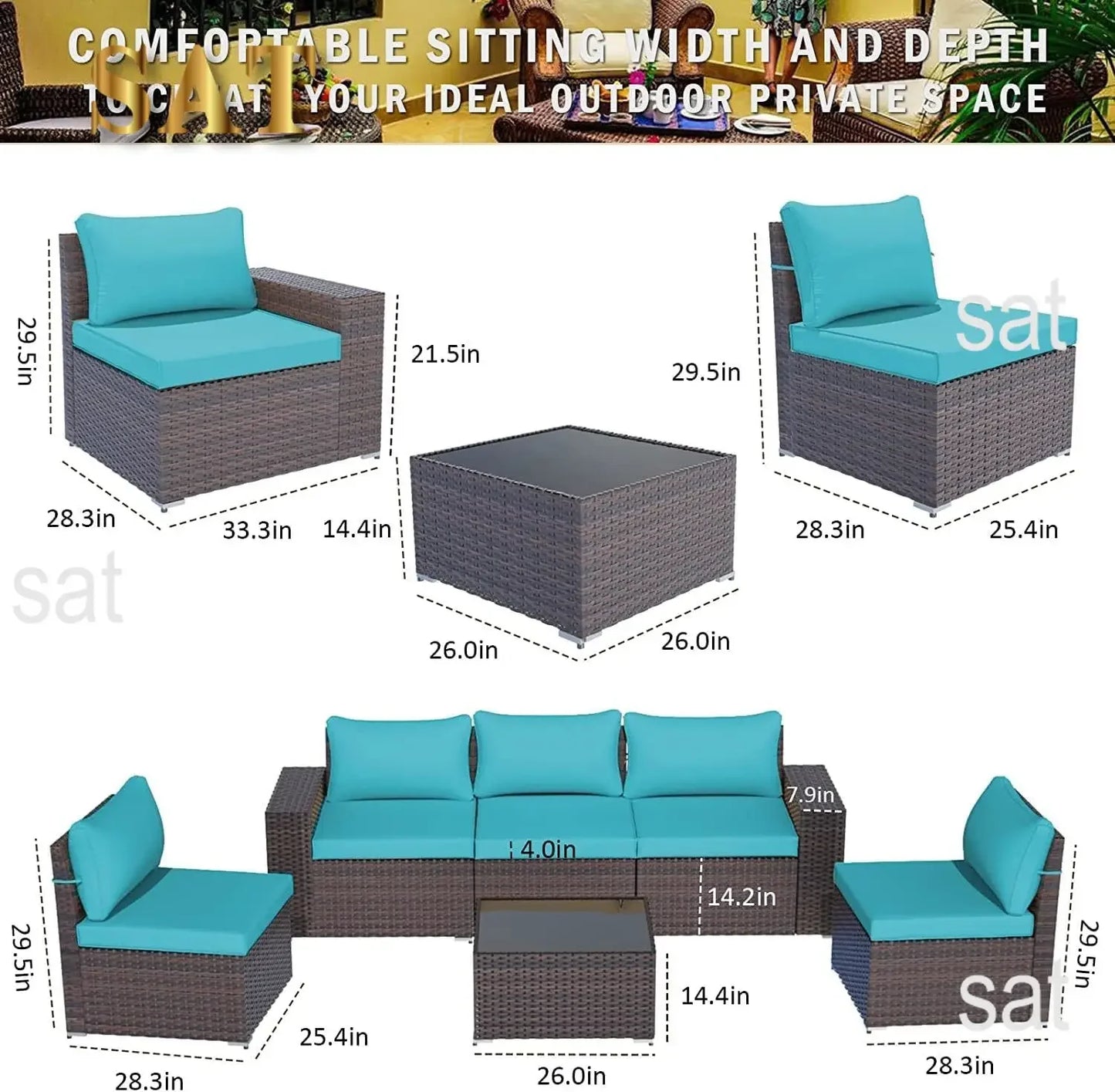 A Sectional Sofa Outdoor Furniture All Weather Brown PE Rattan Patio Conversation w/5 Seat Cushions