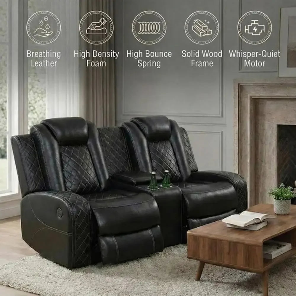 3-Piece Power Reclining Sectional Sofa with LED Lights, Air Leather Recliner with USB Port and Storage, Black Living Room Furnit