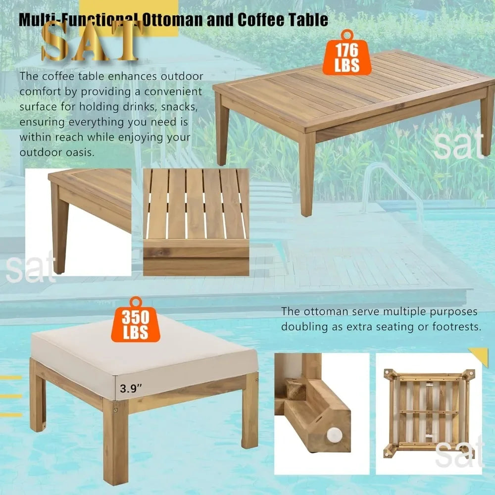K 6 Piece Patio Sectional Sofa Set with 3-Seats Couch,Coffee Table, Ottoman and Removable Cushion for Garden Poolside
