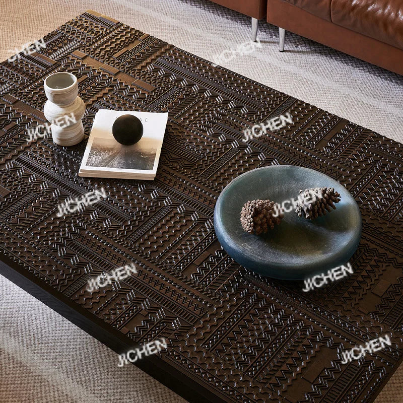 Retro coffee table light luxury high-end sense solid wood carving flower home living room minimalist 1.6 meters coffee table