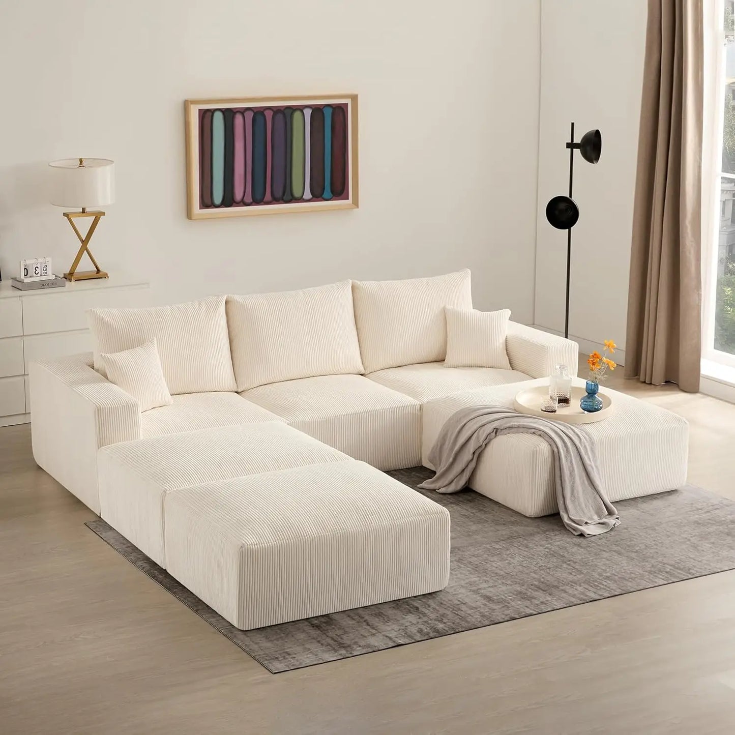 Sectional Cloud Boneless Sofa Bed Couches for Living Room-113'' Beige 3 Seater Modern Lounge Sleeper Couch-No Assembly-Modular C