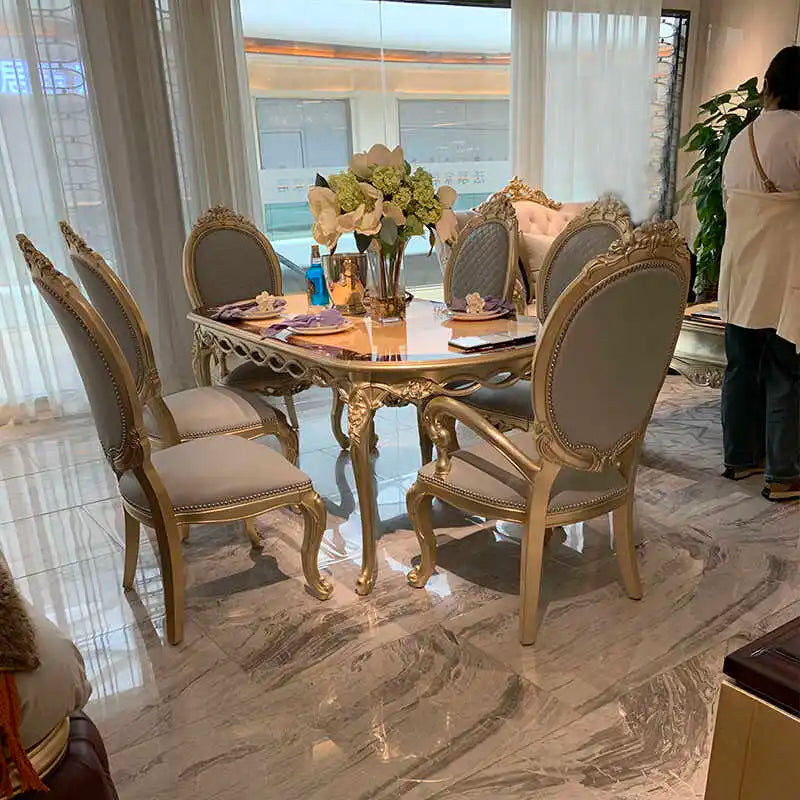 European solid wood oval rectangular dining table and chairs combination luxury restaurant French 6 people gold foil